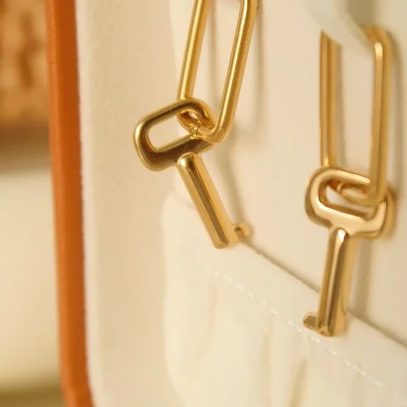 NEW 18K Gold Plated Key Drop Hoop Earrings - Picture 5 of 11